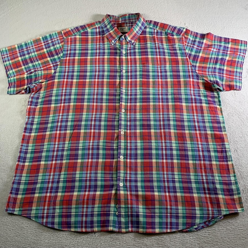 Old Navy Shirt Mens 2XL Multicolor Plaid Button Down Short Sleeve‎ 100% Cotton